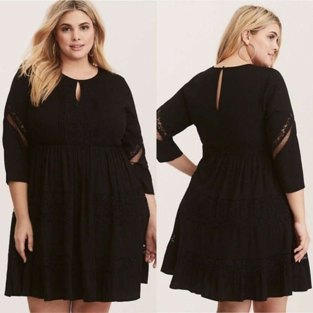 TORRID Black Lace Long Sleeve Skater Dress Challis